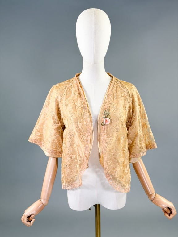 Vintage 1930s Silk Satin Lace Floral Bed Jacket (1 of 9)