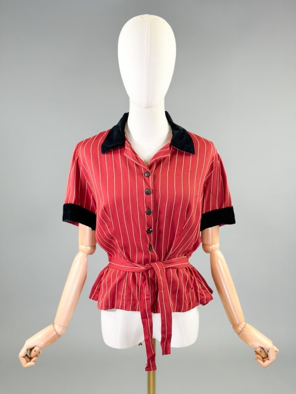 Vintage 1940s Pinstripe Cotton Velvet Trim Blouse: Vintage 1940s Pinstripe Cotton Velvet Trim Blouse Top having camp collar and button front closure with attached tie at waist. Measuring 38 inch bust, 32 inch waist, 21 inches long, 9 inch sleeve lengt