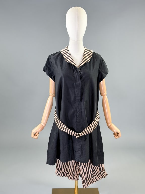 Antique Edwardian Striped Cotton Bathing Suit Set: Antique Edwardian Striped Cotton Bathing Suit Set having top and shorts. Top with hook closure at front and belt at waist. Shorts button at waist. Top measuring 44 inch chest, 34 inches long, 5 inch s
