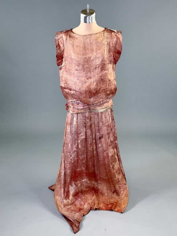 Antique 1920s Lame Floral Drop Waist Flapper Dress: Antique 1920s Lame Floral Drop Waist Flapper Dress having snap closure at shoulder with belt at drop waist. Measuring 34 inch bust, 30 inch drop waist, 50 inches long, 1.5 inch sleeve length. General 