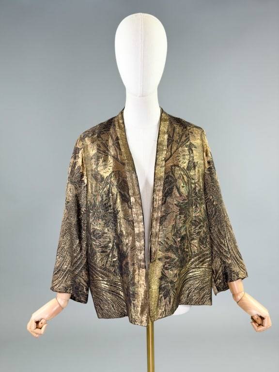 Vintage 1930s Gold Lame Floral Open Front Jacket: Vintage 1930s Gold Lame Floral Open Front Jacket having silk satin lining and no closures at front. Measuring 24 inches long, 20 inch sleeve length. Wear at shoulders and to lining as shown, presented