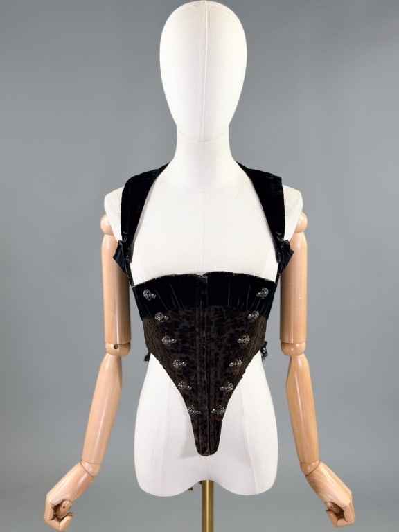 Antique Victorian Swiss Devore Silk Velvet Corset: Antique Victorian Swiss Devore Silk Velvet Corset Top having hook closure up center front with silver tone details and adjustable shoulder straps. Measuring 34 - 36 inch bust, 26 inch waist, 22 inches