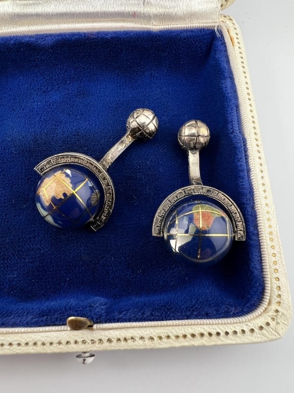 English Sterling & Pietra Dura Globe Cuff Links: Pair of English Sterling & Pietra Dura Globe Cuff Links. Each with English hallmarks. Globes spin in place. Each measures approximately 1.5 inches in length.