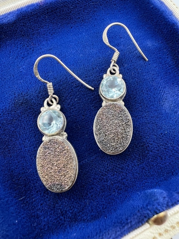 Pair Sterling & Druzzy Crystal Modernist Earrings: Pair Sterling & Druzzy / Geode Crystal Modernist Earrings. Each measures 1.75 inches in length. Hallmarked on the back.