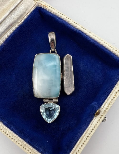 Sterling Modernist Necklace Pendant w Crystal: Sterling Modernist Necklace Pendant w Crystal, Larimar & Aquamarine. Bezel set crystal specimen and larimar cabochon. Aquamarine may be created or enhanced. Measures 2.5 inches in length.