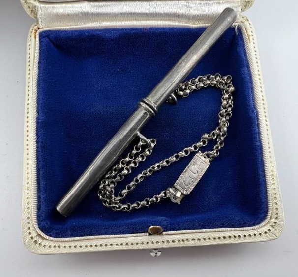 Antique Silver Chatelaine Pen Pencil Case w Chain (1 of 5)