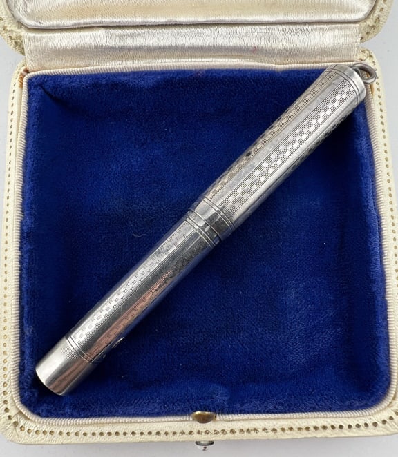 Antique Sterling Silver Chatelaine Pendant Pen: Antique Sterling Silver Chatelaine Pendant Pen by Ideal. Bail for chain at top. Hallmarked. Measures 4 inches in with the bail.