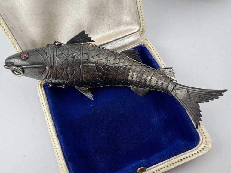 Antique Articulated Sterling Fish Locket Pendant (1 of 9)