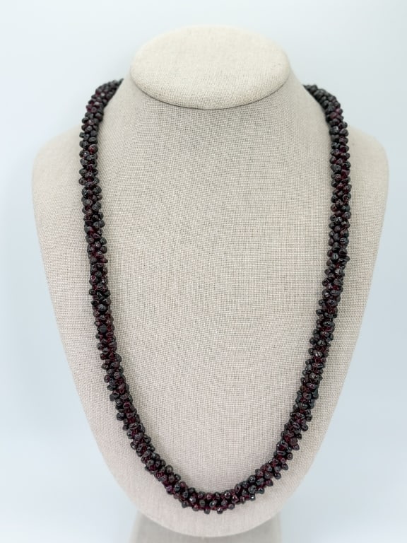 Vintage Garnet Bead Necklace Strand w Woven Design (1 of 7)