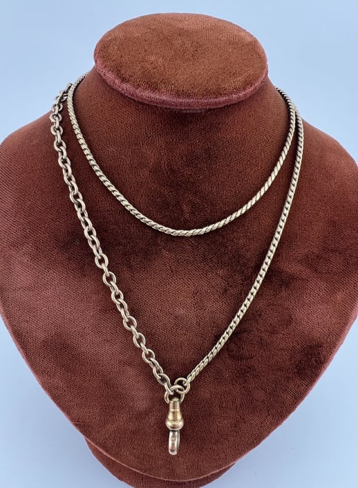 Antique Gold Fill Watch Chain Necklace w Dog Clip: Antique Gold Filled Watch Chain Necklace w Dog Clip for Pendant or Charms. Engraved spring ring clasp. Chain measures 21 inches in length.