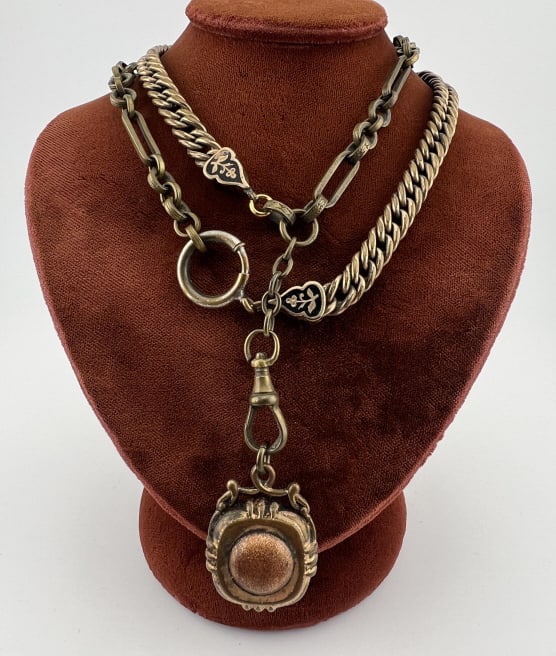 Antique Watch Chain Necklace w Dog Clip & Fob: Antique Watch Chain Necklace w Dog Clip & Fob Pendant. Curb link and ornate link chains with dog clip and large bolt spring ring. Fob with goldstone on one side and possibly green onyx on the other. C