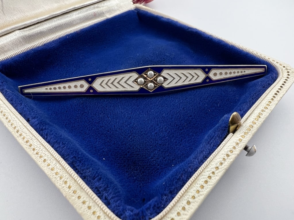 Large Antique Sterling Enamel & Pearl Bar Brooch (1 of 5)