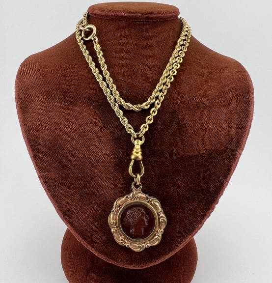 Antique Gold Filled Watch Chain Necklace w Fob (1 of 8)