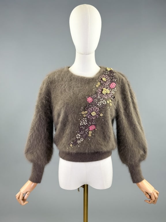 Vintage 1980s Angora Knit Floral Applique Sweater (1 of 8)