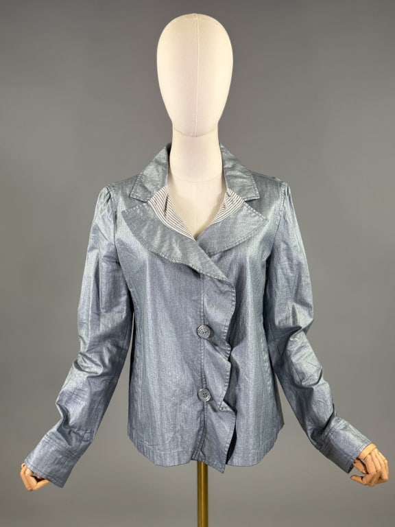 Vintage 2000s Armani Collezioni Denim Jacket: Vintage 2000s Armani Collezioni Silver Denim Jacket having notched lapel collar with ruffled placket and single breasted button closure down center front and two side pockets. Labeled Armani Collezion