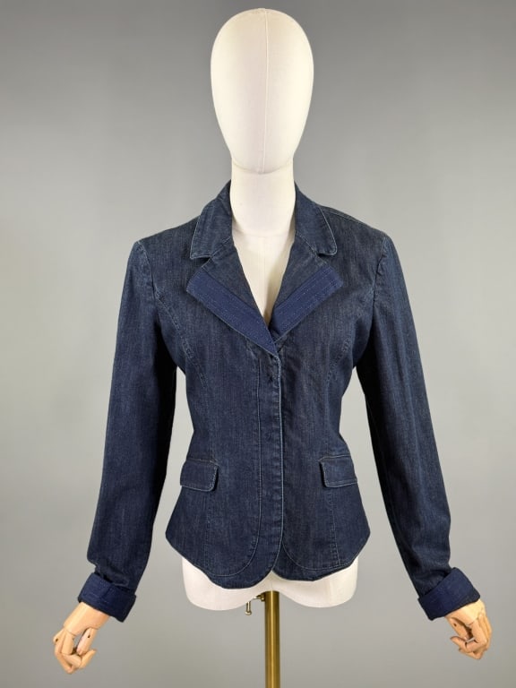 Vintage 2000s Armani Collezioni Denim Blazer: Vintage 2000s Armani Collezioni Denim Blazer Jacket having notched lapel collar with single breasted snap front closure and two front welt pockets with flaps, fully lined. Labeled Armani Collezioni - 