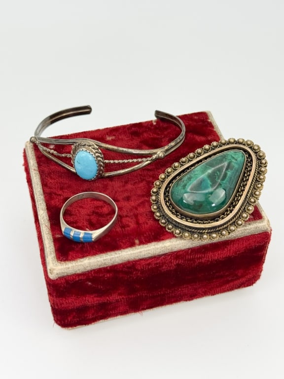 Native American & Mexican Sterling Jewelry Lot: Native American & Mexican Sterling Jewelry Lot. Cuff bracelet, ring and brooch / pendant that measures just over 2 inches across the opening.