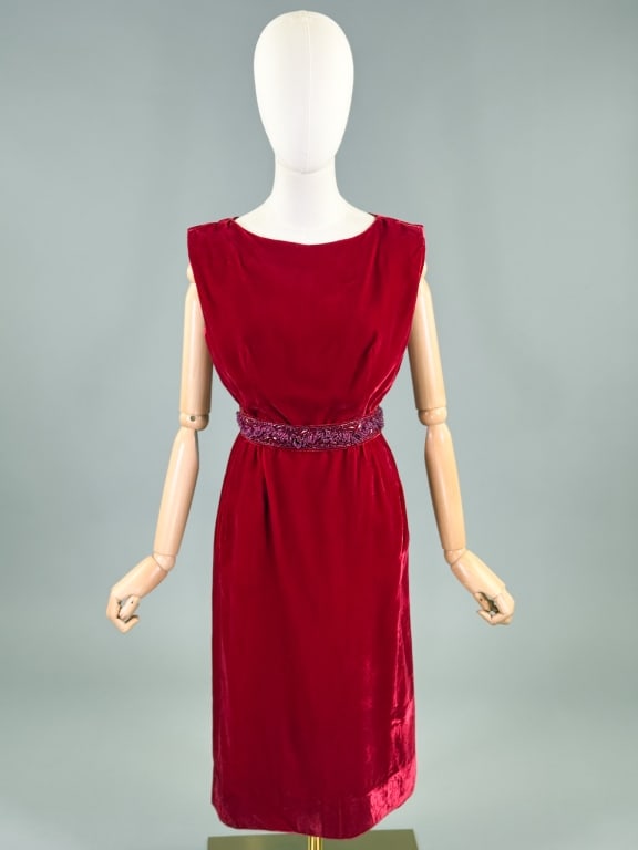 Vintage 1960s Red Velvet Beaded Cocktail Dress (1 of 9)