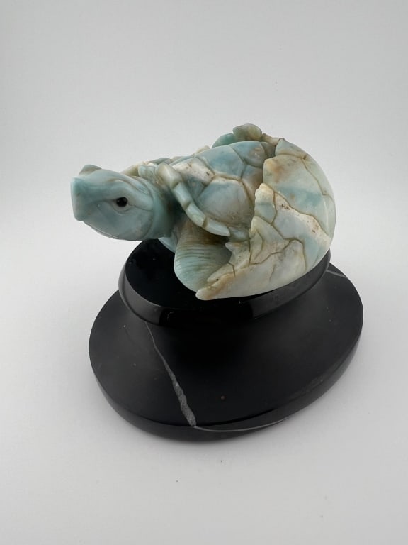 Hand Carved Specimen Stone & Marble Turtle Statue: Hand Carved Specimen Stone & Marble Turtle Statue. One of four in the auction. This example is made with carved larimar for the turtle that is polished, larimar for the shell as well however it is mat