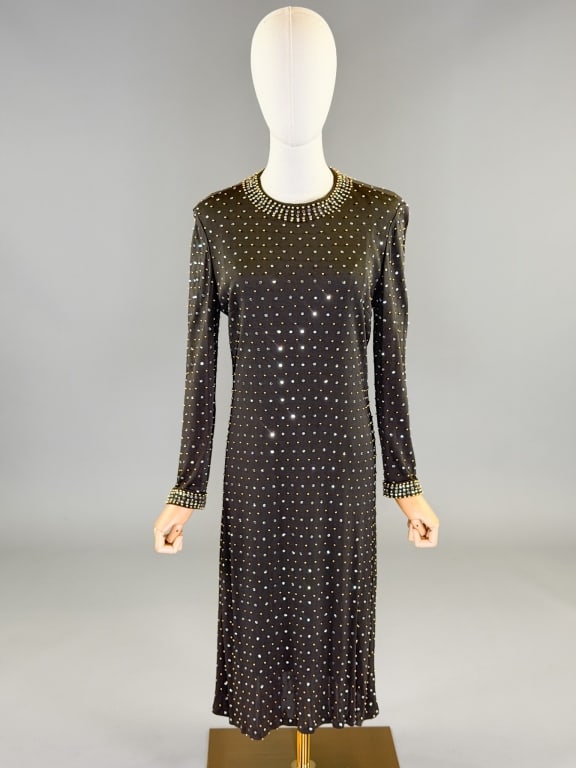 Vintage 1960s Adele Simpson Knit Embellished Dress: Vintage 1960s Adele Simpson Knit Embellished Dress having rhinestone and metal stud embellishments throughout with center back zip closure. Measuring 36-40 inch bust, 30-36 inch waist, 42 inches long,
