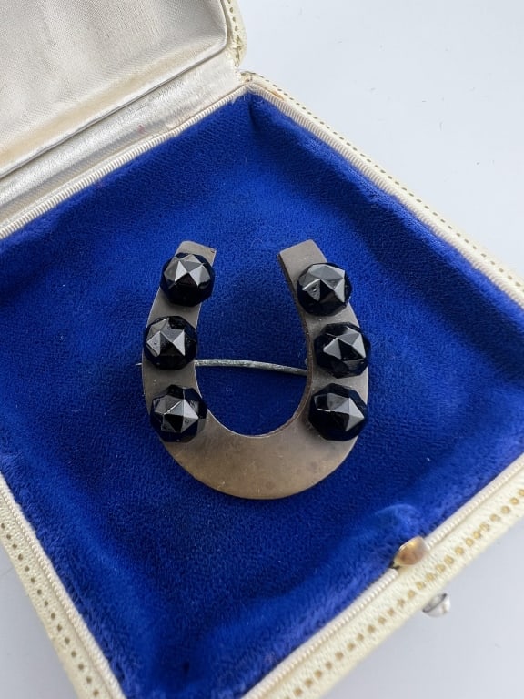 Antique 19th C Gutta Percha & Faceted Jet Brooch (1 of 6)