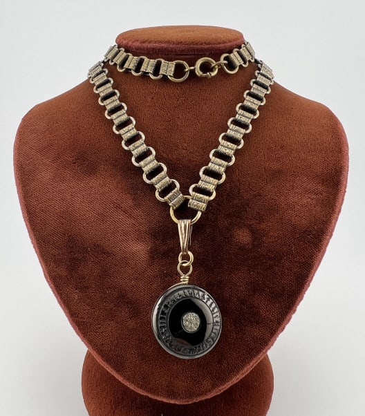 Antique Book Chain Necklace w Jet & Pyrite Pendant (1 of 7)