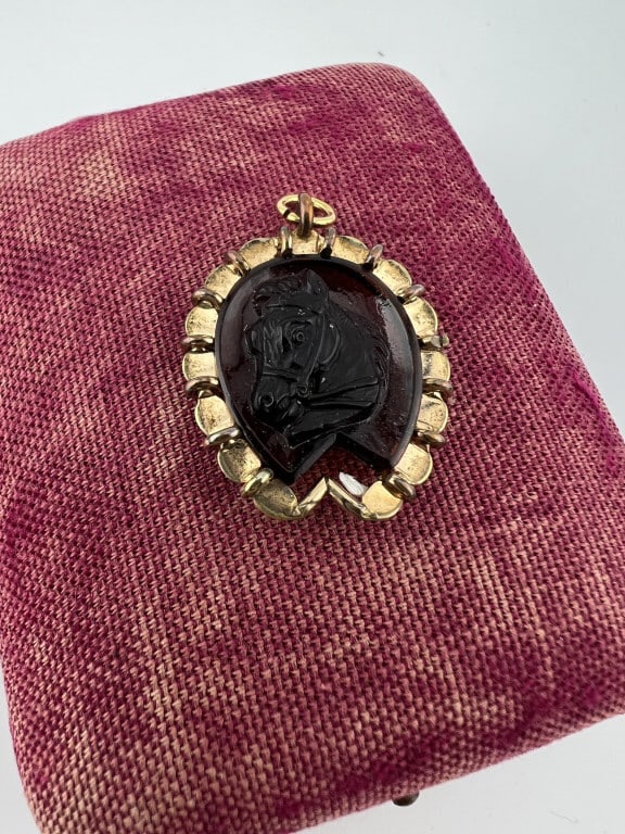 Antique 19th C Gold Fill Equestrian Motif Pendant: Antique 19th C Gold Filled Equestrian Motif Pendant. Necklace pendant / fob or charm in a horse shoe design cameo of horse head at center. Measures just over 1.25 inches in length with the bail.