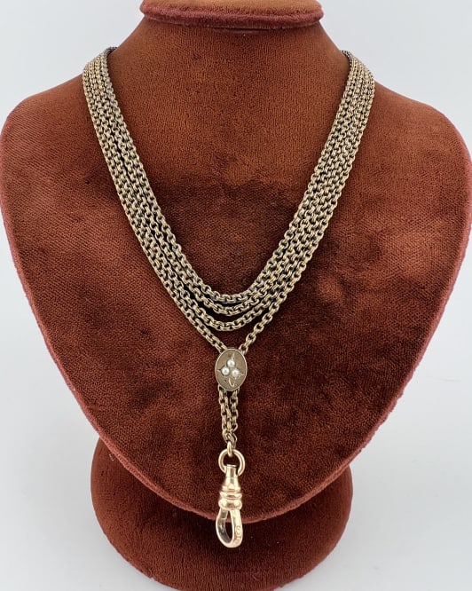 Antique 19th C 10k Gold Slide Watch Chain Necklace: Antique 19th C 10k Gold Slide Watch Chain Necklace. Having an oval slide set with seed pearls which tests as 10kt gold on front and back panel. Chain and dog clip are gold filled. Chain measures 52 in