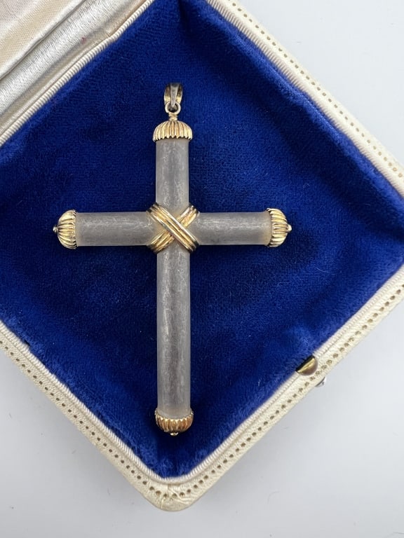 Antique Saphiret & Gold on Sterling Cross Pendant: Antique Saphiret & Gold Over Sterling Silver Cross Pendant. Necklace pendant made with matte glass that is a mauve / brownish tone but has highlights of blue / iridescence in the light. Measures just 