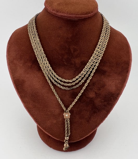Antique 19th C 10k Gold Slide Watch Chain Necklace: Antique 19th C 10k Gold Slide Watch Chain Necklace. Having a cube design slide set with seed pearls which tests as 10kt gold on front panels. Chain and dog clip are gold filled. Chain measures 48 inch