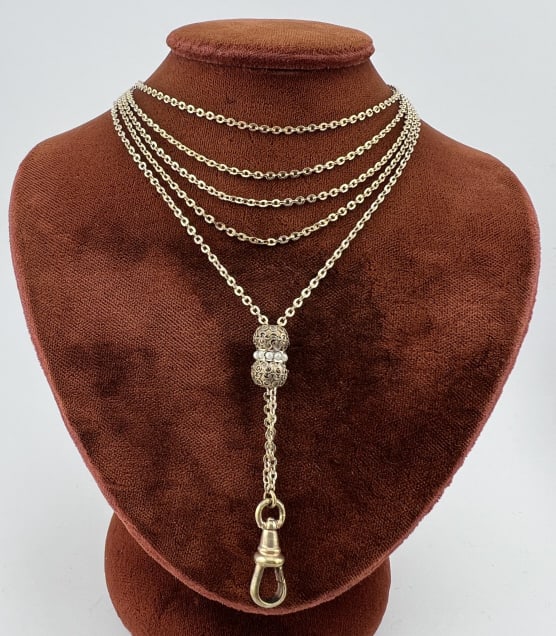 Antique Gold Filled Watch Chain Necklace w Slide: Antique Gold Filled Watch Chain Necklace w Slide. Having an Etruscan Revival cannetille and seed pearl slide on rolo link chain with dog clip for pendant / pocket watch / charms etc. Chain measures 55