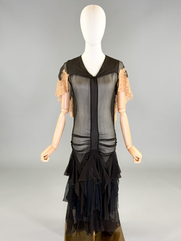 Antique 1930s Silk Chiffon Lace Caped Ruched Dress (1 of 12)