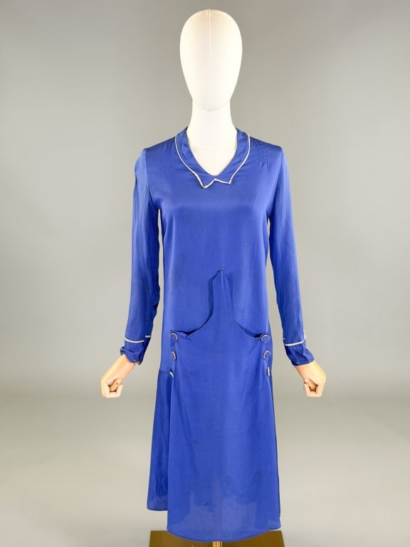 Antique 1920s Blue Silk Button Drop Waist Dress (1 of 10)