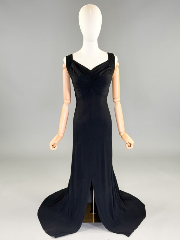 Vintage 1930s Satin Back Crepe Bias Cut Gown: Vintage 1930s Satin Back Crepe Bias Cut Evening Gown having ruched bust, bias cut throughout with stretch, closing at center back with buttons. Measuring 32-34 inch bust, 22-25 inch waist, 54 inches l
