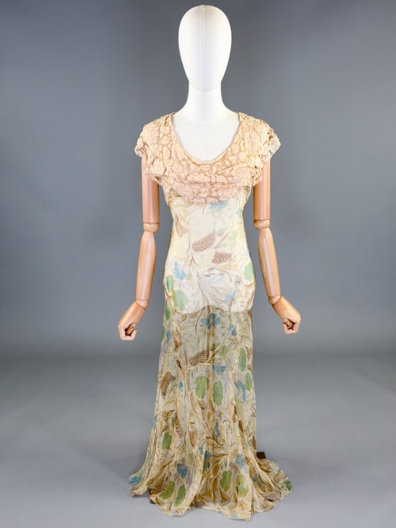 Antique 1930s Floral Silk Chiffon Lace Bias Gown (1 of 7)
