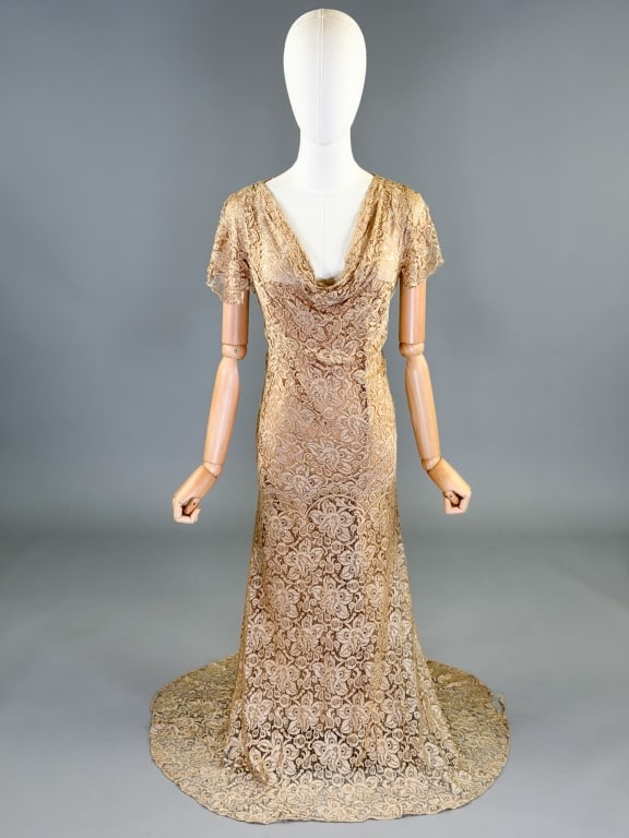 Vintage 1930s Floral Silk Lace Evening Gown Dress: Vintage 1930s Floral Silk Lace Evening Gown Dress having cowl neckline with floral lace throughout, fully lined, no closures slides over head. Measuring 36 inch bust, 34 inch waist, 54 inches long, 6 
