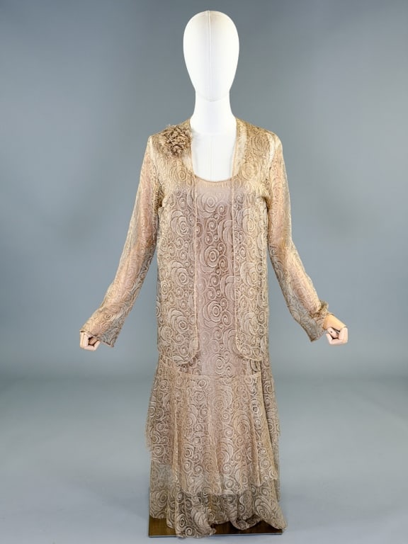 Vintage 1930s Silk Floral Lace Jacket Dress Set: Vintage 1930s Silk Floral Lace Jacket Dress Set having sleeveless dress with ruffled tiered skirt measuring 38 inch bust, 38 inch waist, 51 inches long. Jacket with open front and floral detail measur