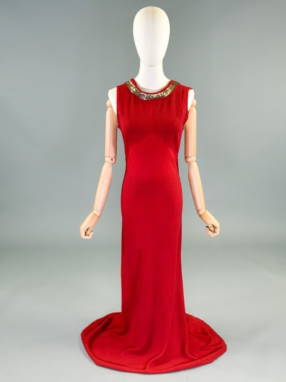 Vintage 1930s Rayon Crepe Sequin Bias Evening Gown: Vintage 1930s Rayon Crepe Sequin Bias Evening Gown having sequined cowl neckline with Deco seaming throughout, side snap closure, bias cut with stretch throughout. Measuring 32-36 inch bust, 24-28 inc
