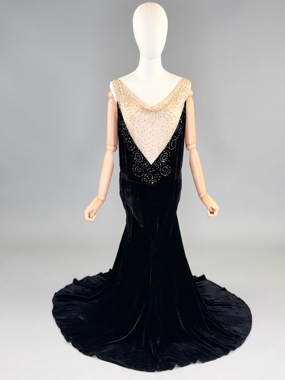 Vintage 1930s Silk Velvet Chiffon Rhinestone Gown: Vintage 1930s Silk Velvet Chiffon Rhinestone Evening Gown having bias cut with prong set rhinestones, hook and snap side closure. Measuring 36-46 inch bust, 32-38 inch waist, 58 inches long. General w