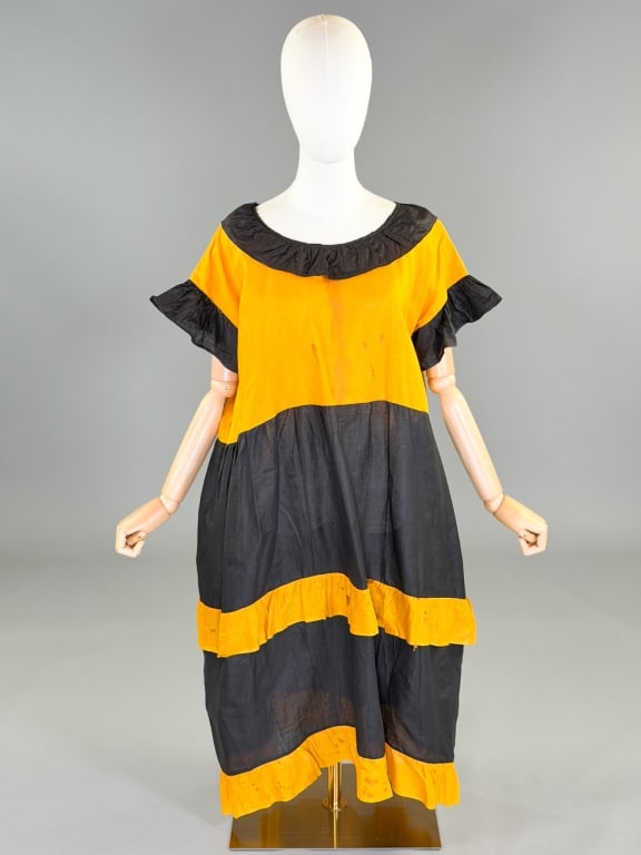 Antique 1920s Cotton Halloween Costume Dress: Antique 1920s Cotton Halloween Costume Dress having no closures, slides over head. Measuring 48 inch bust, 48 inch waist, 43 inches long, 7 inch sleeve length. General wear and spots as shown througho