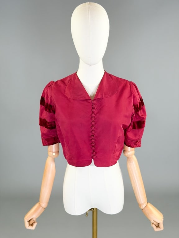 Vintage 1930s Taffeta Velvet Bolero Top: Vintage 1930s Taffeta Velvet Bolero Top having button front closure. Measuring 36 inch bust, 30 inch waist, 16 inches long, 12 inch sleeve length. General wear throughout as shown.