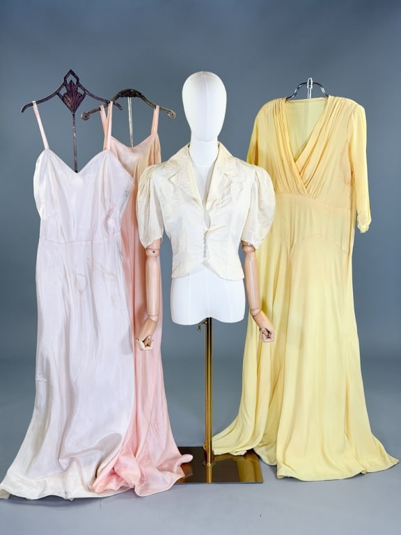 Collection of Vintage 1930s - 1940s Clothing: Collection of Vintage 1930s - 1940s Clothing having two slip dresses, one button front bolero jacket, one crepe evening gown. All with varying wear throughout as shown.
