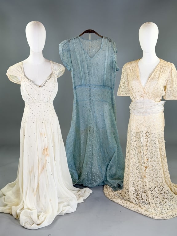 Collection of Three Vintage 1930s Gowns: Collection of Three Vintage 1930s Gowns all having issues throughout with various spots, holes and general wear as shown. All being sold as-is.