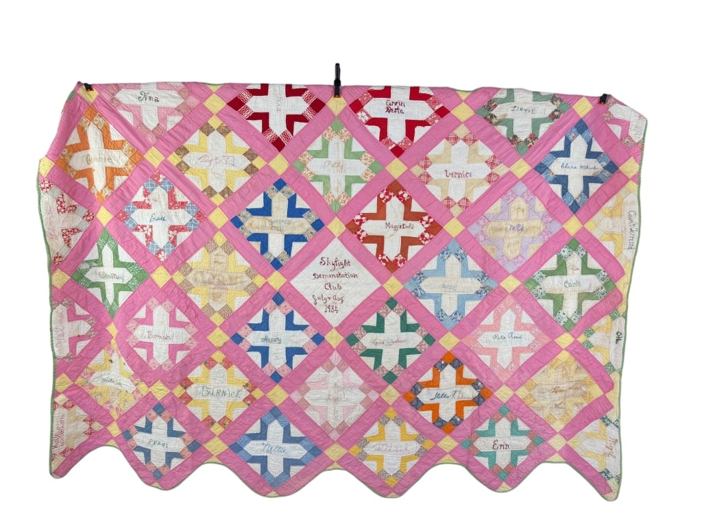 Vintage Dated 1934 Feedsack Cotton Signature Quilt: Vintage Dated 1934 Feedsack Cotton Signature Quilt signed throughout, Skylight Demonstration Club July & Aug 1934 stitched in center. General wear holes and spots as shown throughout. Measuring