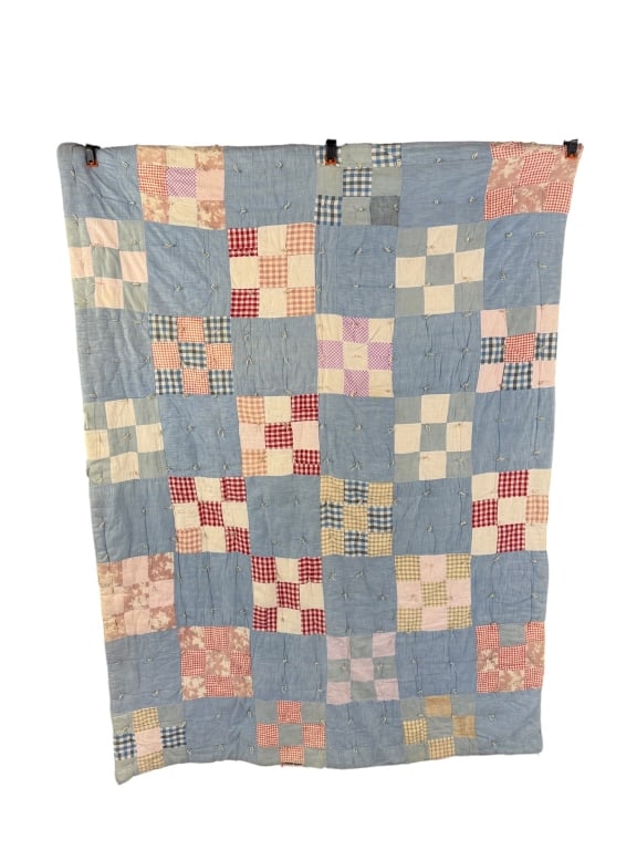 Vintage 1930s Cotton Nine Patch Quilt (1 of 6)