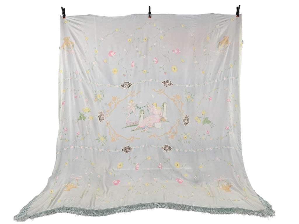 Vintage 1930s Hand Painted Crochet Bedspread: Vintage 1930s Hand Painted Crochet Bedspread having crochet and hand painted details throughout. Measuring approximately 95 inches by 93 inches. General wear and spots throughout as shown.