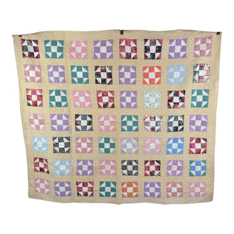 Vintage 1930s Cotton Feedsack Nine Patch Quilt (1 of 10)