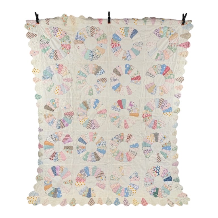 Vintage 1930s Cotton Feedsack Dresden Plate Quilt: Vintage 1930s Cotton Feedsack Dresden Plate Quilt having general wear, holes, and spots as shown. Measuring approximately 83 inches by 68 inches.