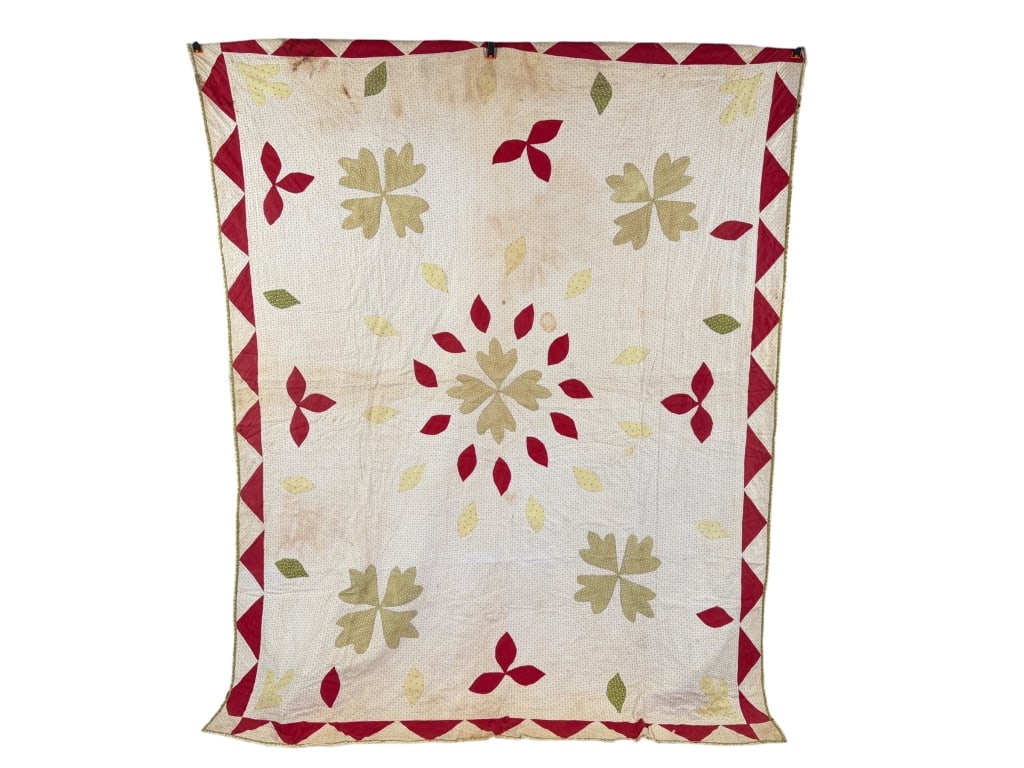 Vintage 1930s Feedsack Cotton Applique Quilt: Vintage 1930s Feedsack Cotton Applique Quilt having general wear, spots and holes as shown. Measuring approximately 79 inches by 64 inches.