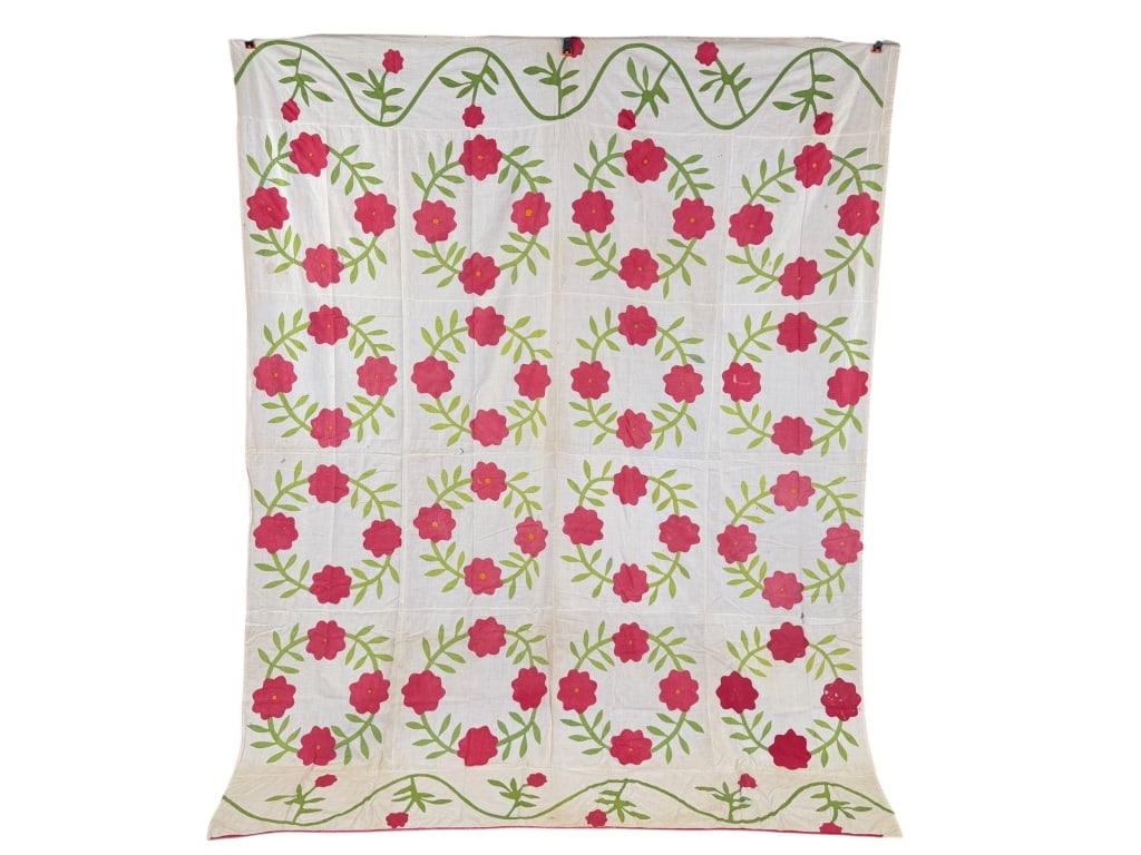Vintage 1940s Rose Wreath Cotton Quilt Top: Vintage 1940s Rose Wreath Cotton Quilt Top having spots and holes as shown throughout. Measuring approximately 85 inches by 66 inches.